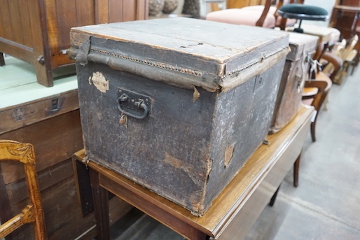 Two Victorian leather mounted trunks, larger 60cm, depth 49cm, height 47cm